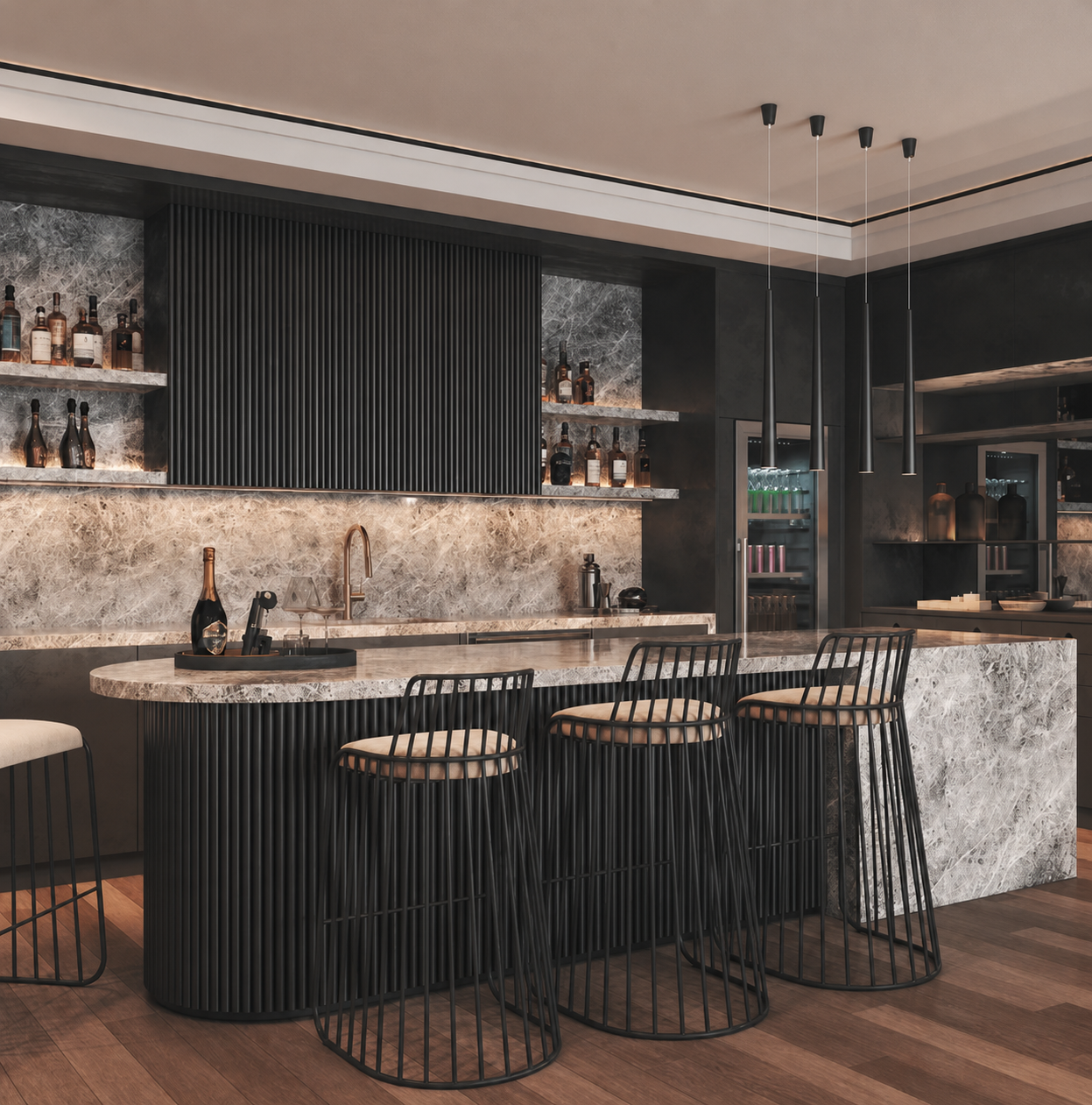 Cozinha gourmet escura com bar, pedra natural e eletrodomésticos embutidos