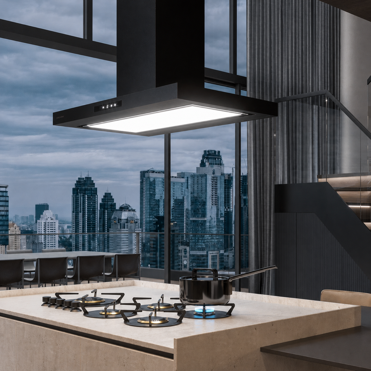 Cozinha contemporânea com cooktop e coifa de ilha Elettromec